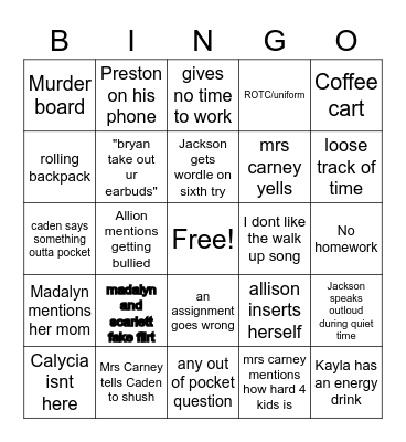 1st Hour English Bingo Card