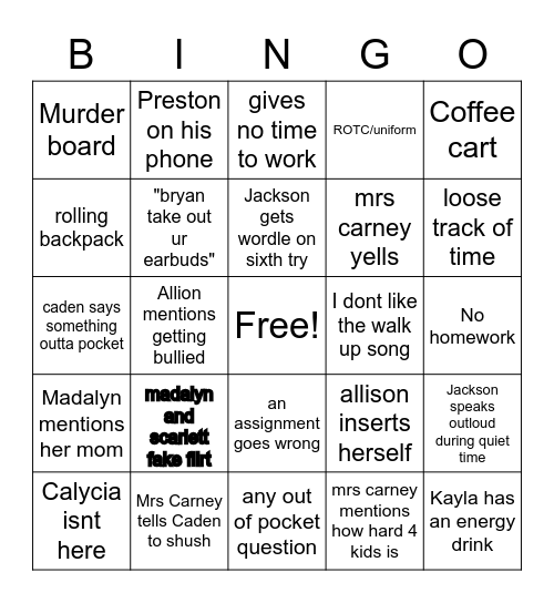 1st Hour English Bingo Card