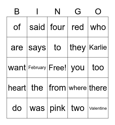 Red Words List 1 Bingo Card