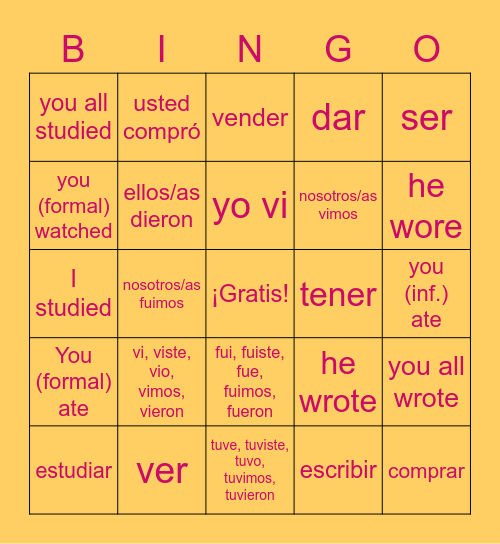 El pasado (verbos regulares y irregulares) Bingo Card