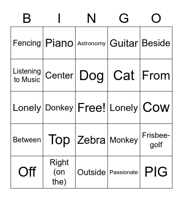 Feelings/Animals/Prepositions Review Bingo Card