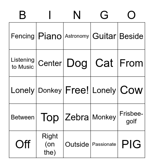 Feelings/Animals/Prepositions Review Bingo Card