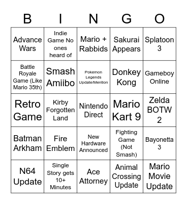 Nintendo Direct Bingo Card