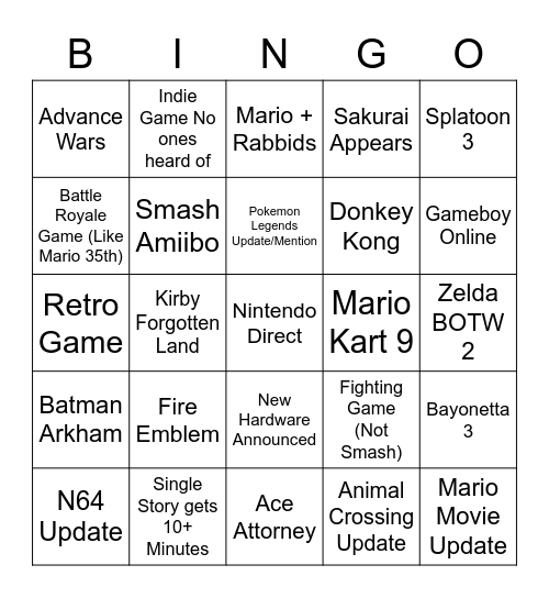 Nintendo Direct Bingo Card