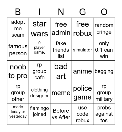 Random Roblox Bingo Card