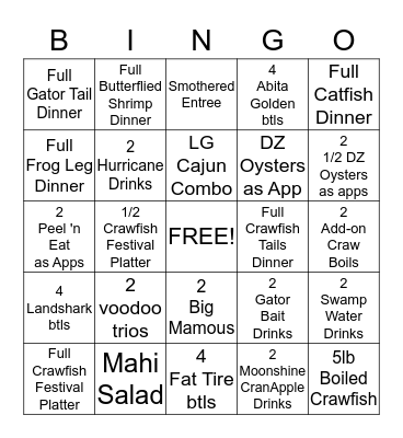 Joe's OK Bayou Bingo Card