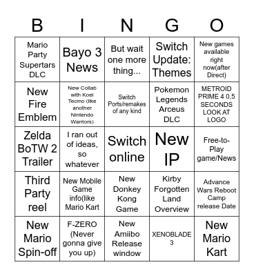 Nintendo Direct Bingo Card