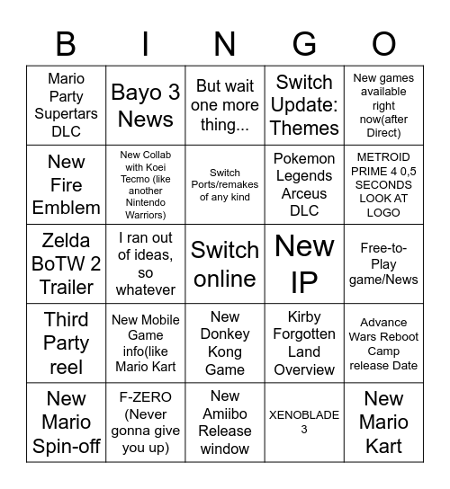 Nintendo Direct Bingo Card