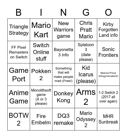 Nintendo Direct Bingo Card