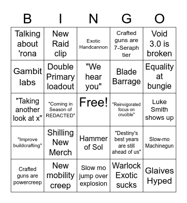 Bungie Vidoc Bingo Chart Bingo Card