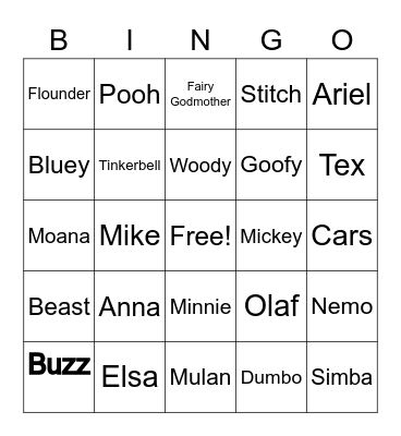 Disney Character Bingo Card