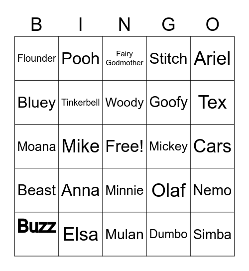 Disney Character Bingo Card