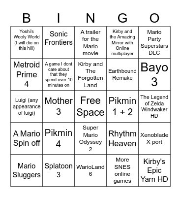 NINTENDO DIRECT 2021 Bingo Card