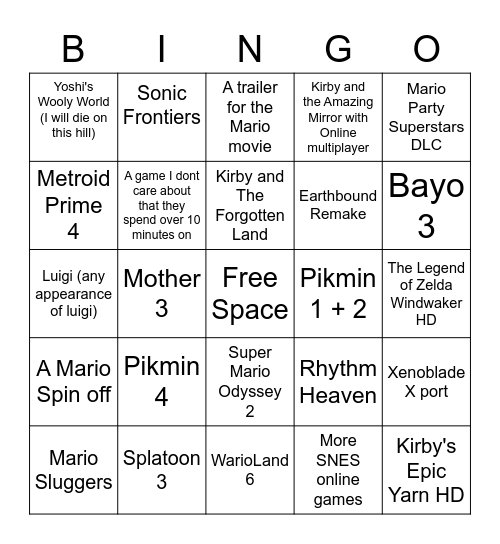 NINTENDO DIRECT 2021 Bingo Card