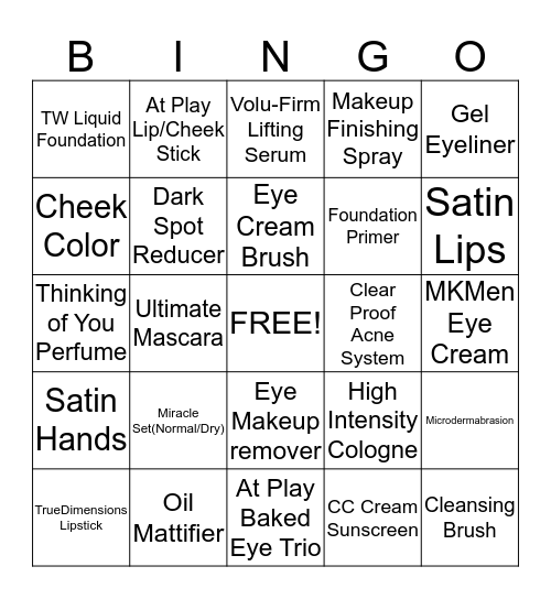 Mary Kay Bingo Card