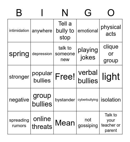 Bullying Bingo Card