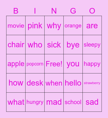 English learning Bingo Card