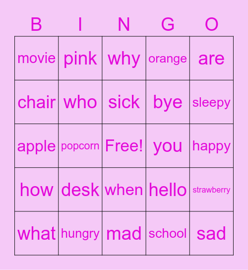 English learning Bingo Card