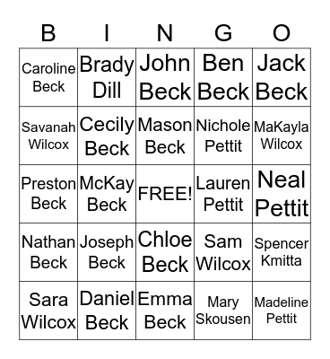 Beck Family Bingo Card