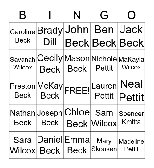Beck Family Bingo Card