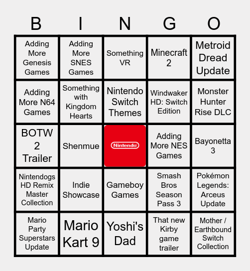 2/9/22 Nintendo Direct Bingo Card