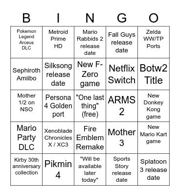 Nintendo Direct Bingo Card