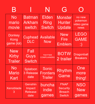 Nintendo Direct 2022 Bingo Card