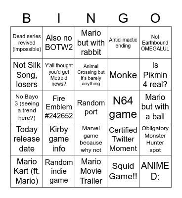 Nintendo Direct Bingo Card