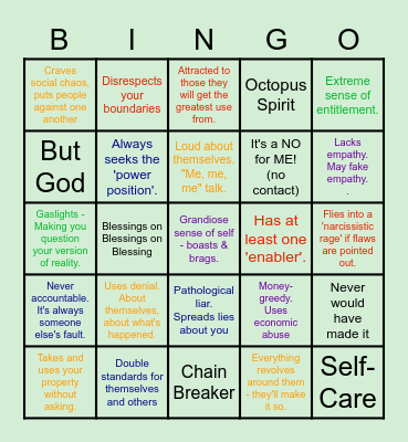 Play Narcissistic Bingo! Bingo Card