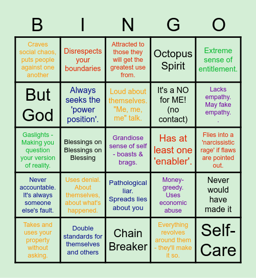Play Narcissistic Bingo! Bingo Card