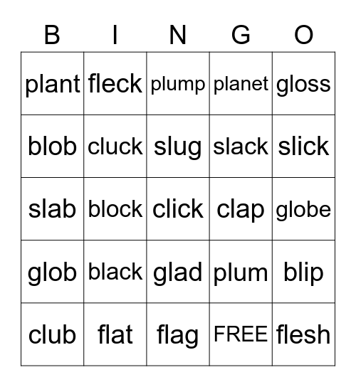 Beginning L Blends Bingo Card
