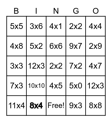 Multiplication Bingo Card