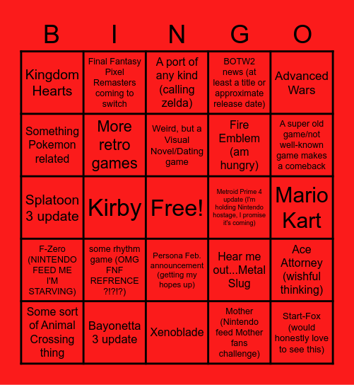 Nintendo Direct Bingo Card