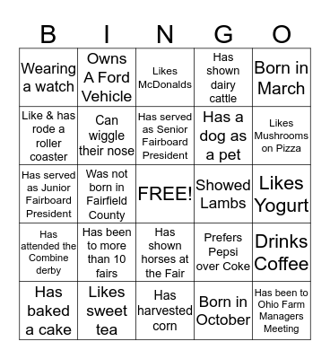 SENIOR JUNIOR FAIRBOARD BINGO Card