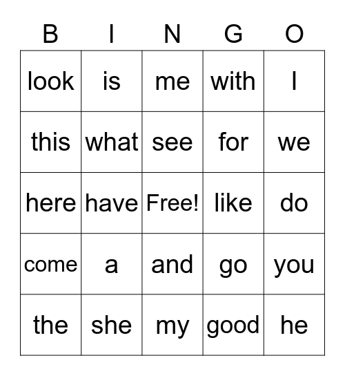 Sight Words Bingo Card