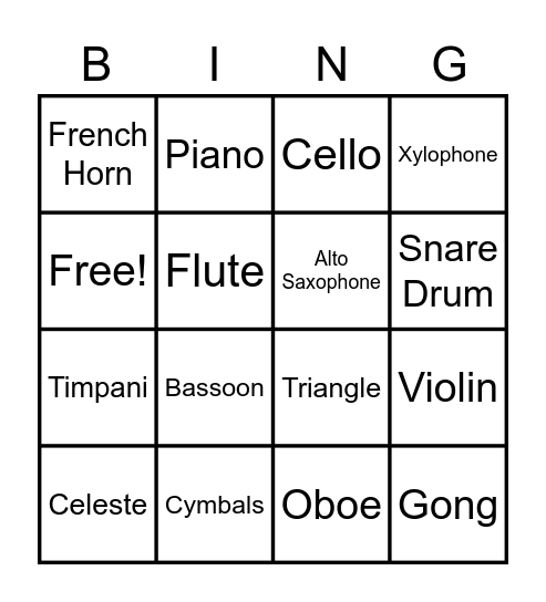 Orchestra Bingo Card