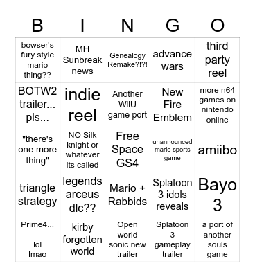 Nintendo Direct Bingo Card