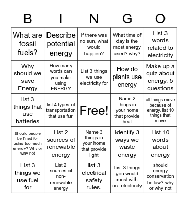 Energy Bingo Card