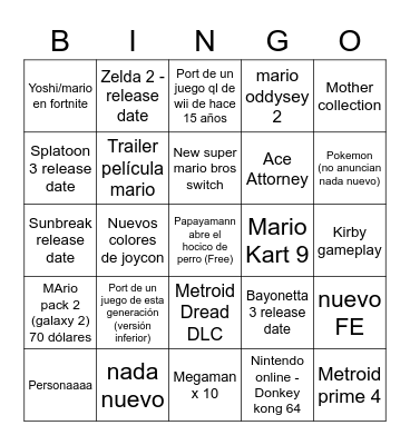 nintendo direct Bingo Card