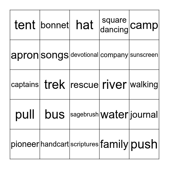 Union Park Stake Trek 2015 Bingo Card