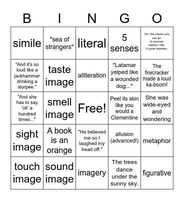 Figuarative Language Quiz Review Bingo Card
