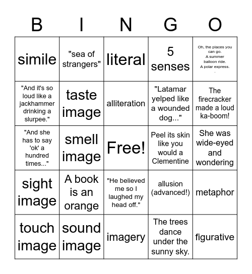 Figuarative Language Quiz Review Bingo Card