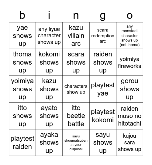 (mostly) playable character 2.5 bingo board Bingo Card