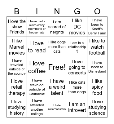 PSY 202 SI Get-to-Know-You Bingo! Bingo Card