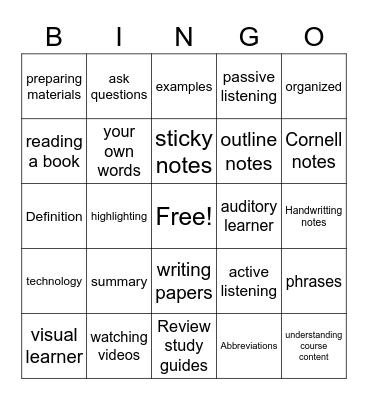 Note taking Bingo Card
