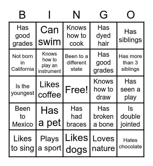 Social club Bingo Card