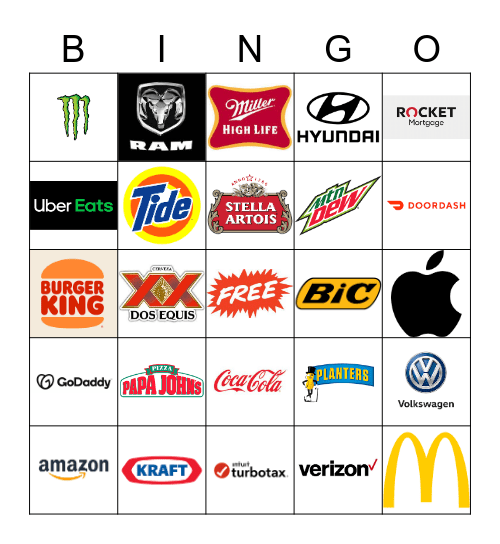 Superbowl Commercials Bingo Card