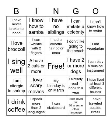 English Class Bingo Card