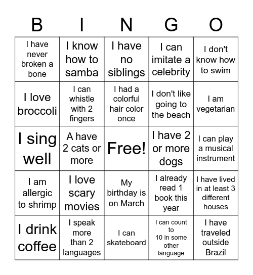 English Class Bingo Card