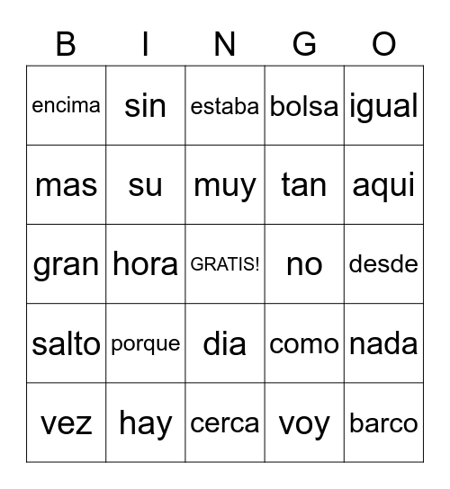 1st Spanish Bingo Card